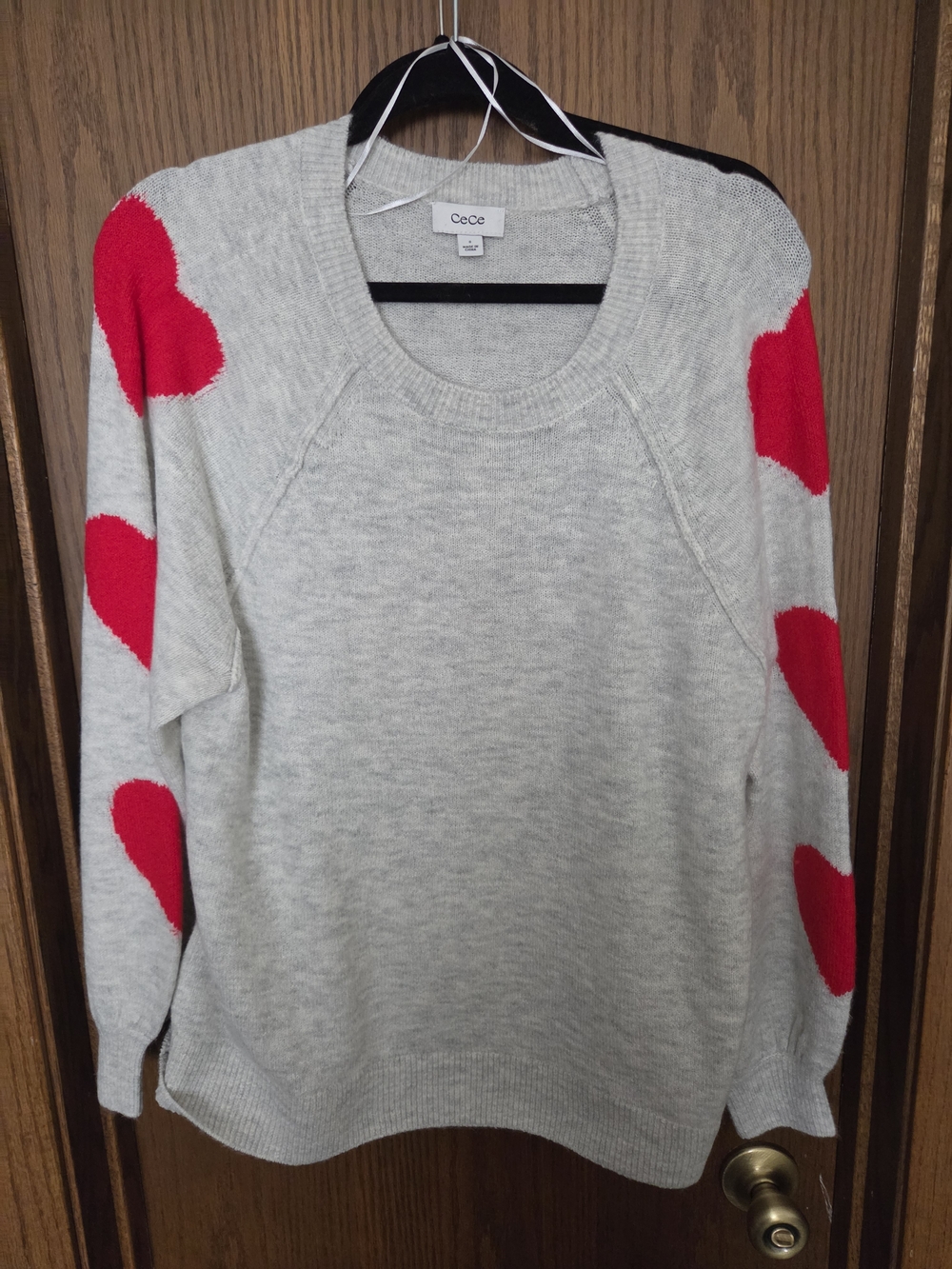 CeCe Light Gray Crewneck Sweater with Bright Red Heart Sleeves